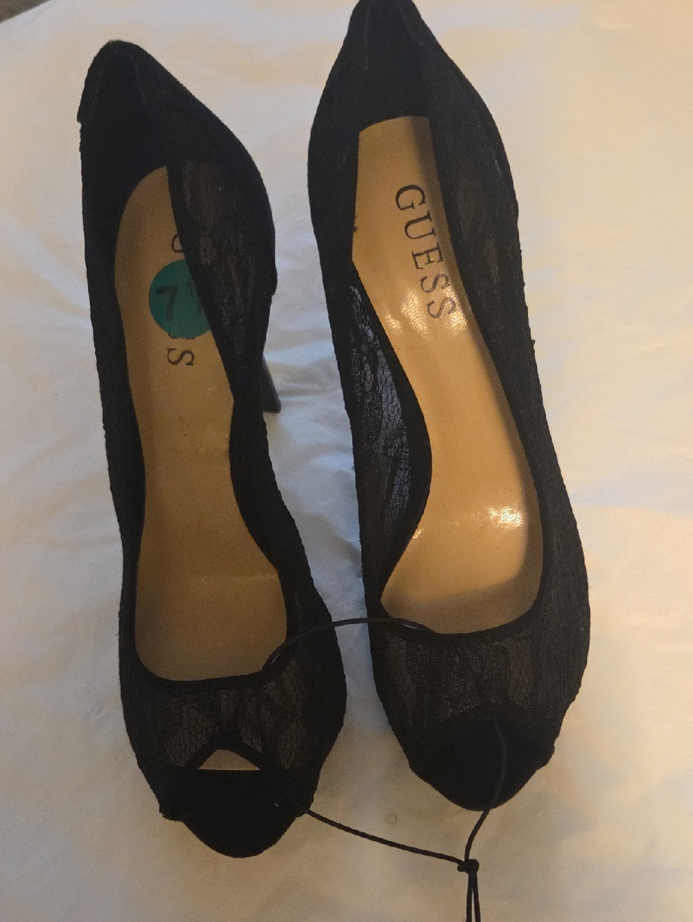 GUESS Black Lace Peep-Toe Pumps